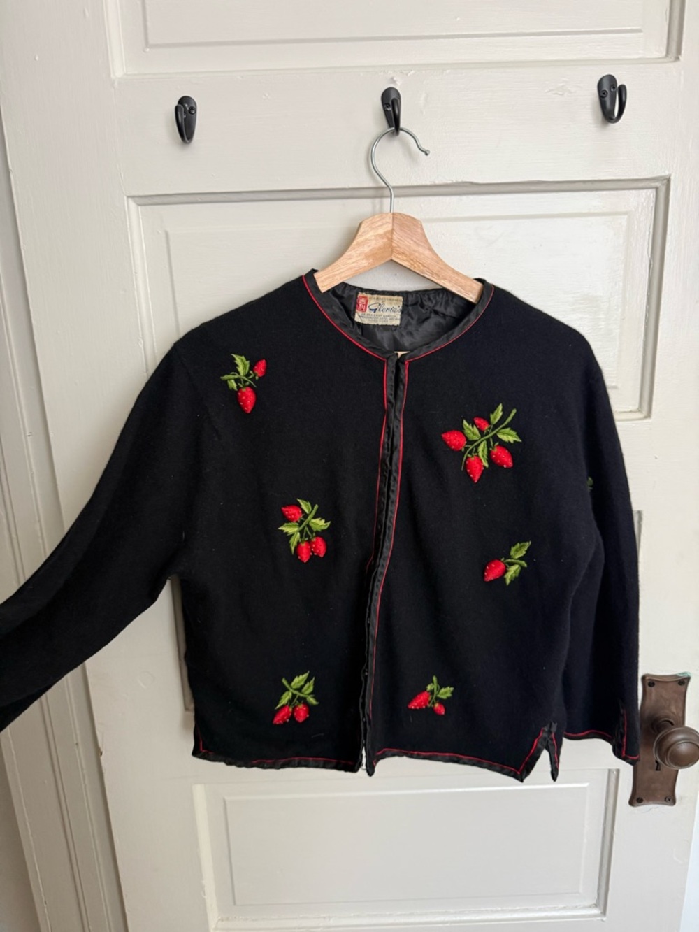 Vintage Women’s Black Embroidered Strawberry Cardigan Sweater Cottage Core